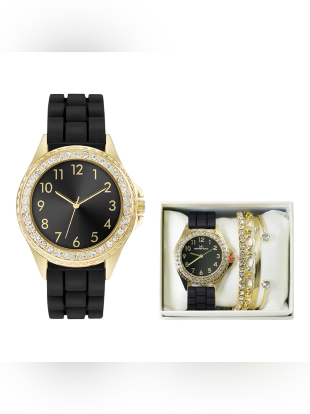 Gold-Tone Black Dial Watch with Black Silicone Strap and Bracelet Set